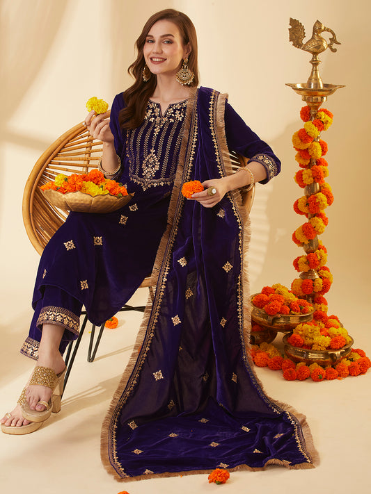 Solid Floral Gota Patti Embroidered Straight Velvet Kurta with Pant & Dupatta - Purple