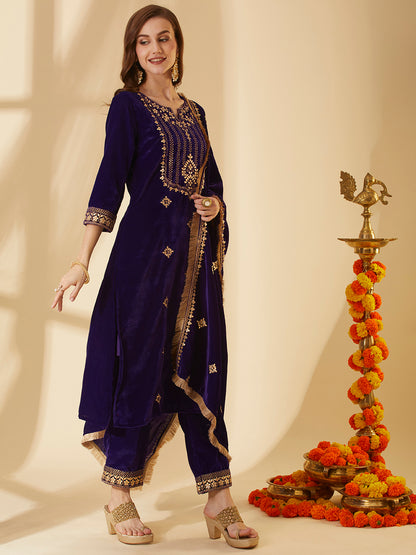 Solid Floral Gota Patti Embroidered Straight Velvet Kurta with Pant & Dupatta - Purple