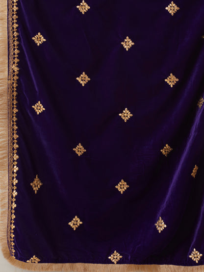 Solid Floral Gota Patti Embroidered Straight Velvet Kurta with Pant & Dupatta - Purple