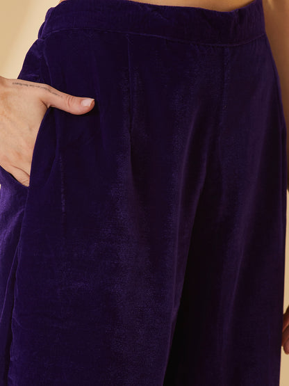 Solid Floral Gota Patti Embroidered Straight Velvet Kurta with Pant & Dupatta - Purple