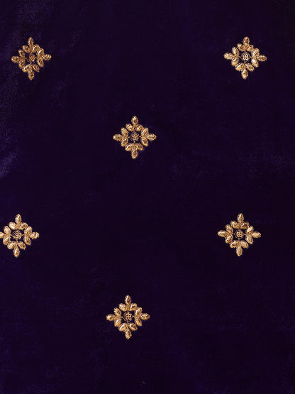 Solid Floral Gota Patti Embroidered Straight Velvet Kurta with Pant & Dupatta - Purple