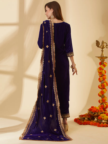 Solid Floral Gota Patti Embroidered Straight Velvet Kurta with Pant & Dupatta - Purple