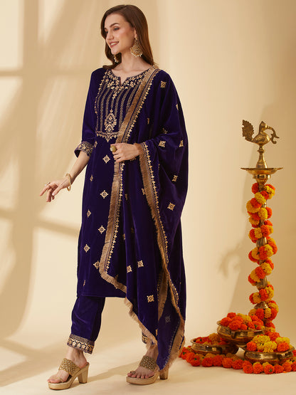 Solid Floral Gota Patti Embroidered Straight Velvet Kurta with Pant & Dupatta - Purple