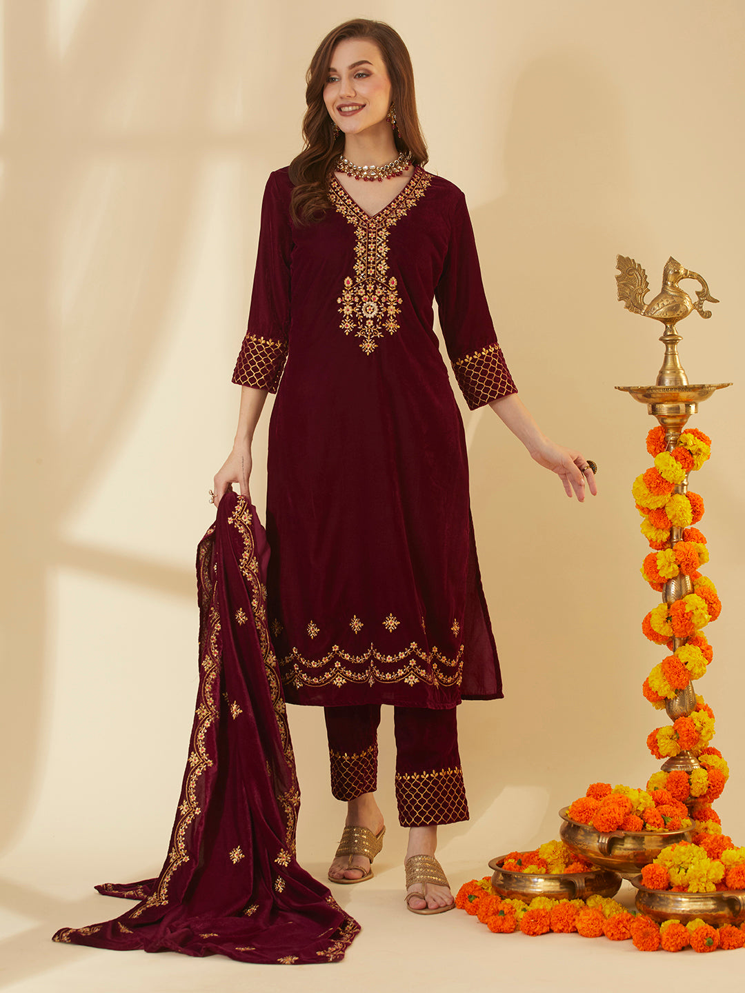 Solid Zari Embroidered Straight Velvet Kurta with Pant & Scalloped Dupatta - Maroon