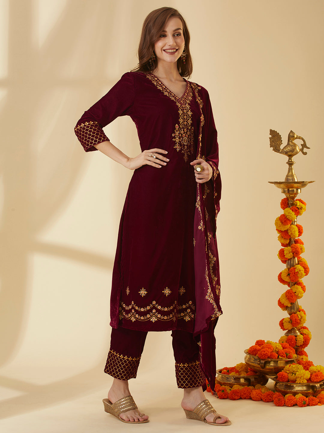 Solid Zari Embroidered Straight Velvet Kurta with Pant & Scalloped Dupatta - Maroon