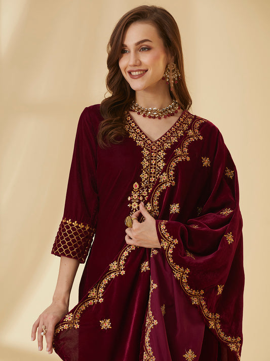 Solid Zari Embroidered Straight Velvet Kurta with Pant & Scalloped Dupatta - Maroon