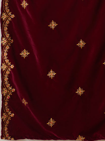 Solid Zari Embroidered Straight Velvet Kurta with Pant & Scalloped Dupatta - Maroon