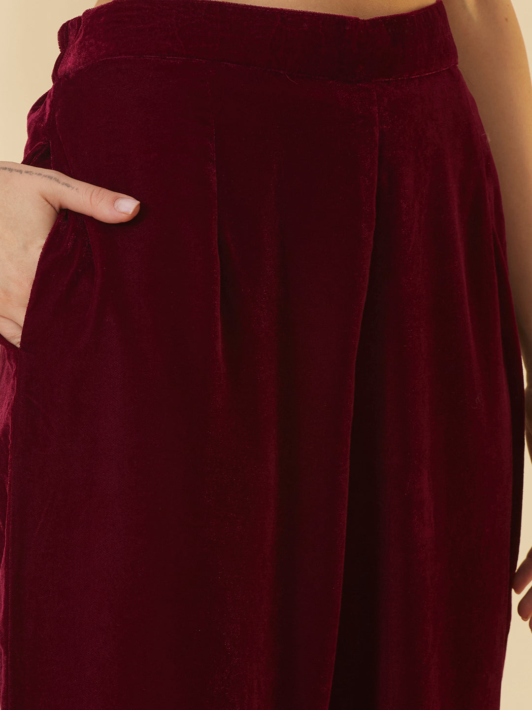Solid Zari Embroidered Straight Velvet Kurta with Pant & Scalloped Dupatta - Maroon