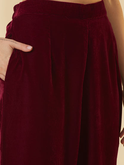 Solid Zari Embroidered Straight Velvet Kurta with Pant & Scalloped Dupatta - Maroon