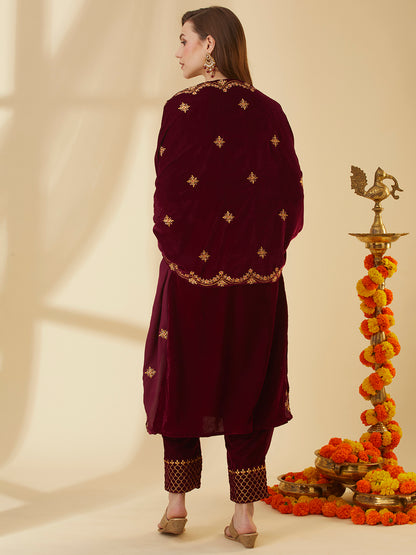 Solid Zari Embroidered Straight Velvet Kurta with Pant & Scalloped Dupatta - Maroon