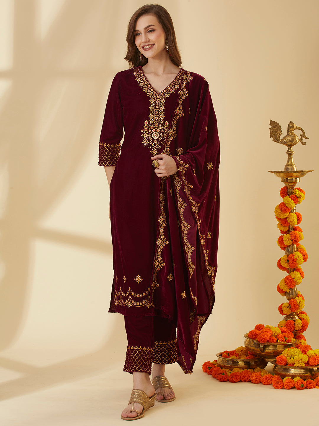 Solid Zari Embroidered Straight Velvet Kurta with Pant & Scalloped Dupatta - Maroon