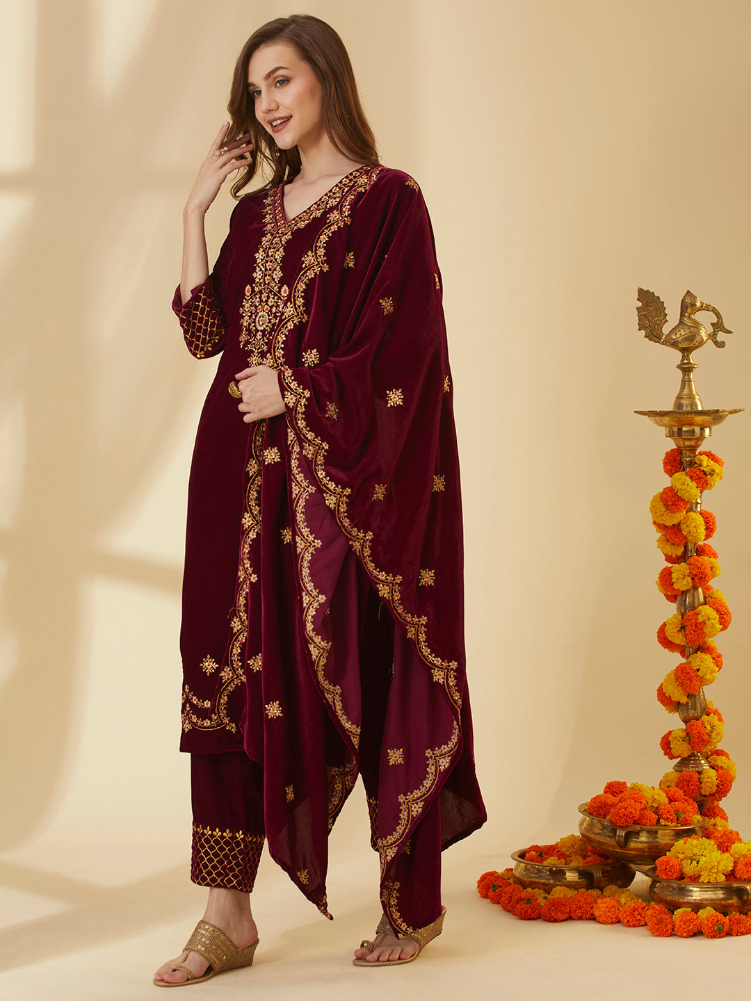 Solid Zari Embroidered Straight Velvet Kurta with Pant & Scalloped Dupatta - Maroon