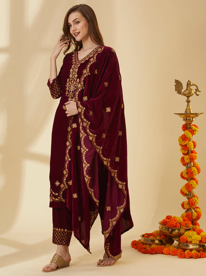 Solid Zari Embroidered Straight Velvet Kurta with Pant & Scalloped Dupatta - Maroon