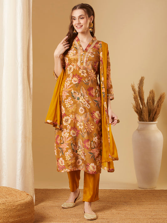 Floral Printed & Embroidered Straight Kurta with Pant & Dupatta - Mustard