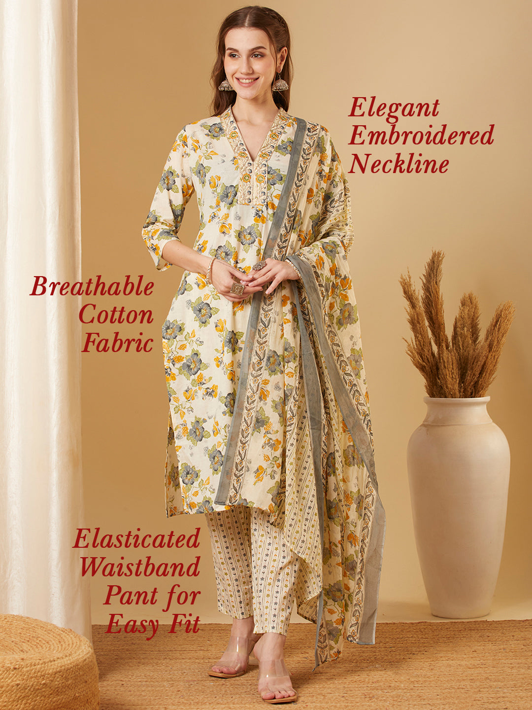 Floral Printed & Embroidered Straight Fit Kurta with Pant & Dupatta - Off White