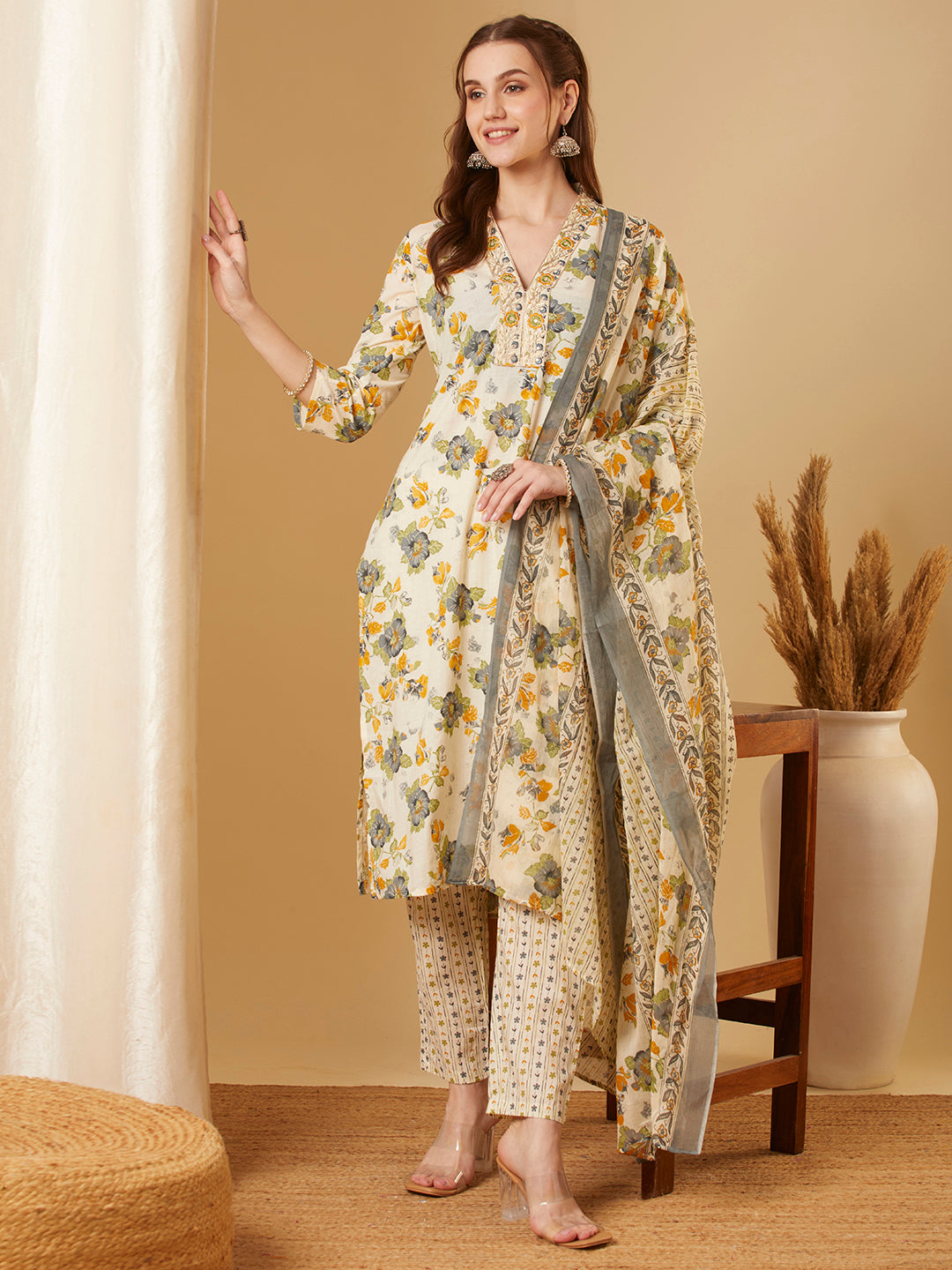 Floral Printed & Embroidered Straight Fit Kurta with Pant & Dupatta - Off White