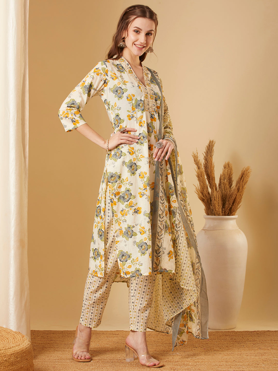 Floral Printed & Embroidered Straight Fit Kurta with Pant & Dupatta - Off White