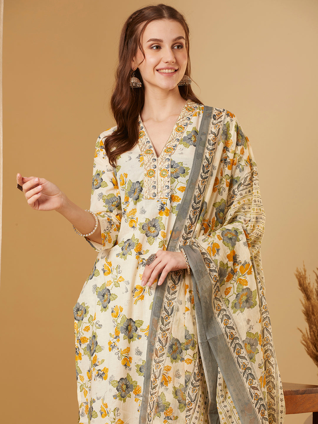 Floral Printed & Embroidered Straight Fit Kurta with Pant & Dupatta - Off White