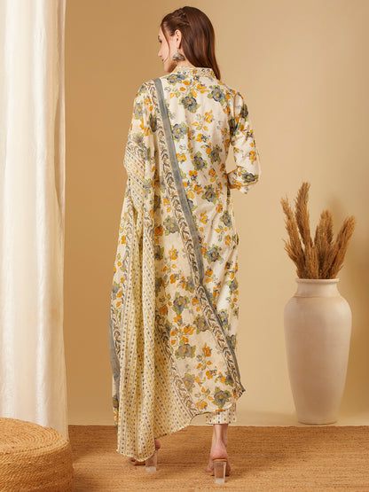 Floral Printed & Embroidered Straight Fit Kurta with Pant & Dupatta - Off White