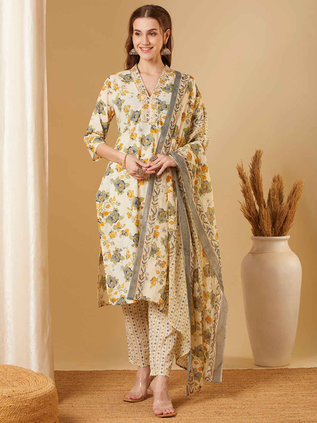 Floral Printed & Embroidered Straight Fit Kurta with Pant & Dupatta - Off White