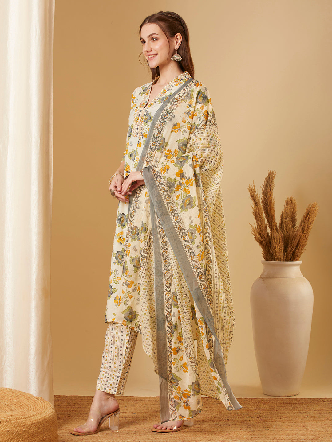 Floral Printed & Embroidered Straight Fit Kurta with Pant & Dupatta - Off White