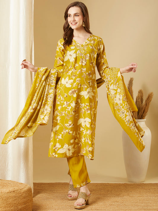 Abstract Floral Foil Printed Straight Kurta with Pant & Dupatta - Lime Green