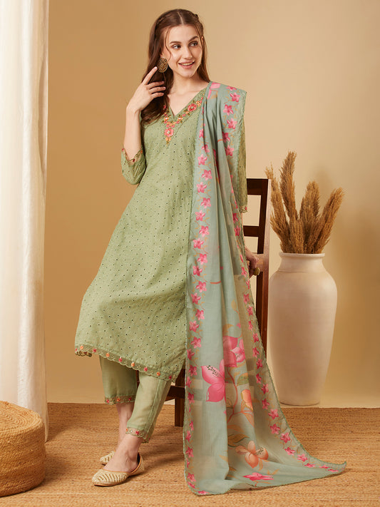 Solid Schiffli Floral Embroidered Straight Kurta with Pant & Dupatta - Green