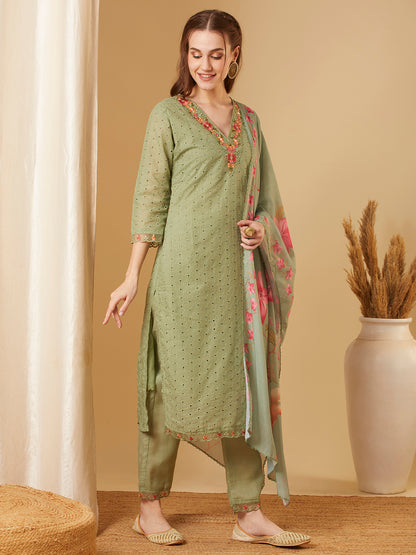 Solid Schiffli Floral Embroidered Straight Kurta with Pant & Dupatta - Green