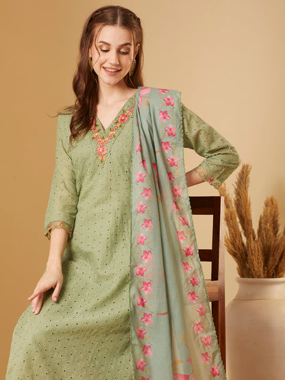 Solid Schiffli Floral Embroidered Straight Kurta with Pant & Dupatta - Green