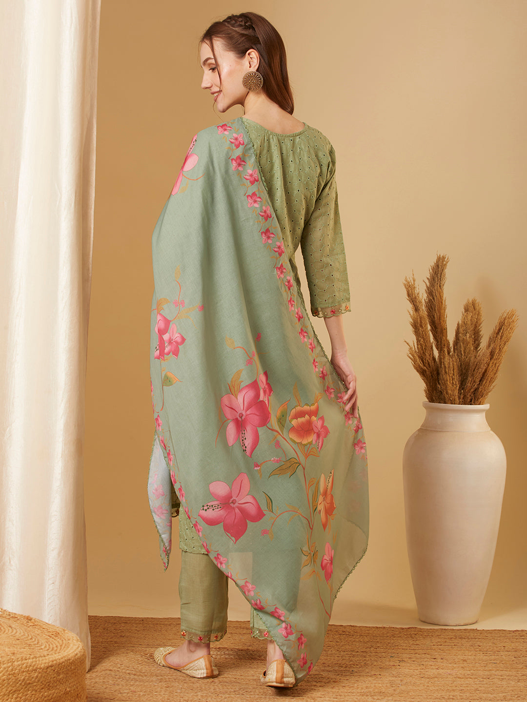 Solid Schiffli Floral Embroidered Straight Kurta with Pant & Dupatta - Green