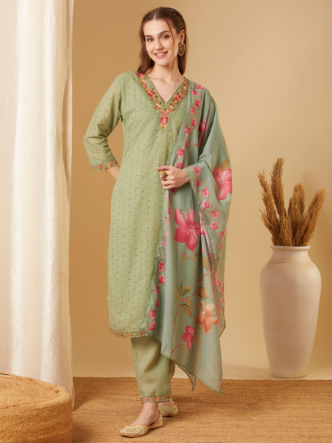 Solid Schiffli Floral Embroidered Straight Kurta with Pant & Dupatta - Green