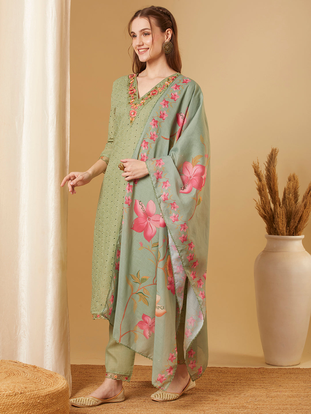 Solid Schiffli Floral Embroidered Straight Kurta with Pant & Dupatta - Green