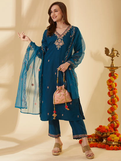 Solid Ethnic Hand Embroidered Straight Fit Kurta with Pant & Dupatta - Teal Blue