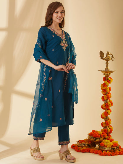 Solid Ethnic Hand Embroidered Straight Fit Kurta with Pant & Dupatta - Teal Blue