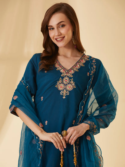 Solid Ethnic Hand Embroidered Straight Fit Kurta with Pant & Dupatta - Teal Blue