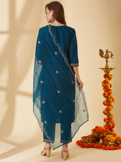 Solid Ethnic Hand Embroidered Straight Fit Kurta with Pant & Dupatta - Teal Blue