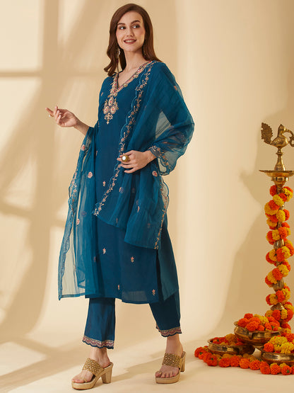 Solid Ethnic Hand Embroidered Straight Fit Kurta with Pant & Dupatta - Teal Blue