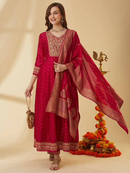 Ethnic Foil Printed & Embroidered Anarkali Kurta with Pant & Dupatta - Pink