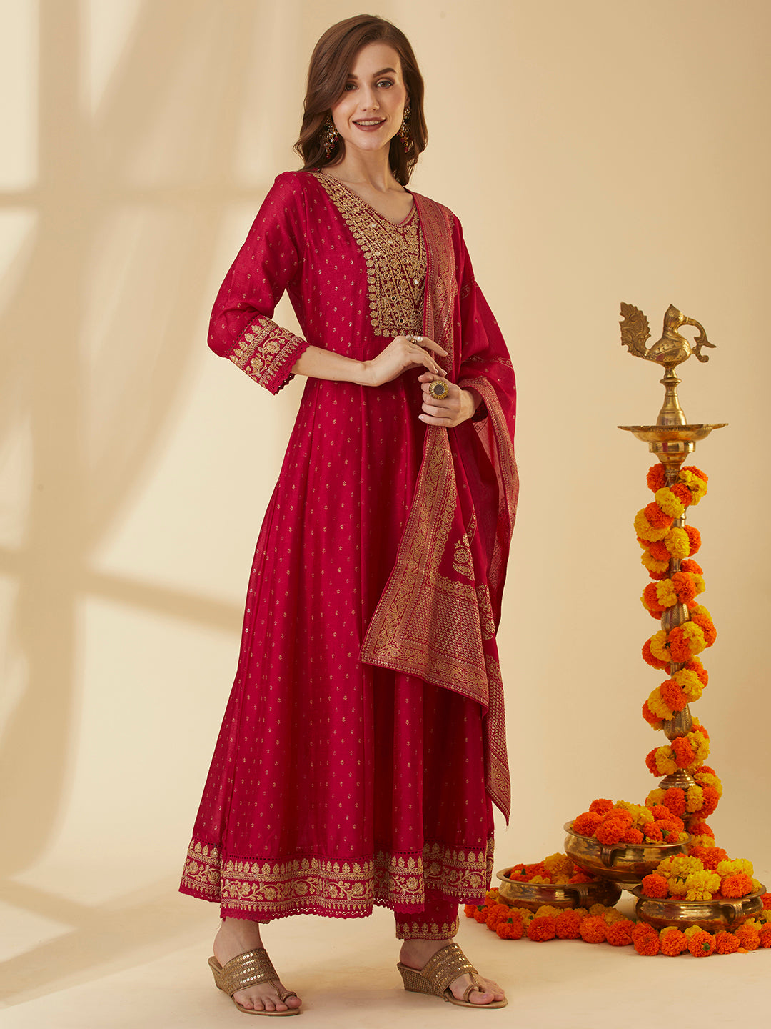 Ethnic Foil Printed & Embroidered Anarkali Kurta with Pant & Dupatta - Pink