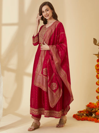 Ethnic Foil Printed & Embroidered Anarkali Kurta with Pant & Dupatta - Pink