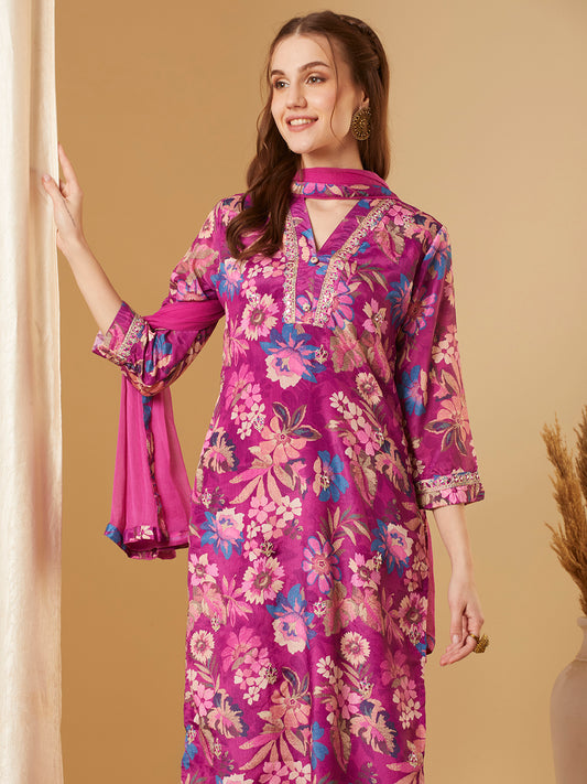 Floral Printed & Embroidered Straight Kurta with Pant & Dupatta - Purple