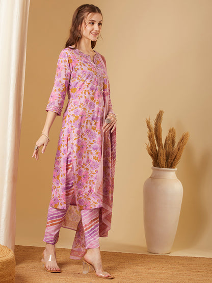 Floral Printed & Embroidered Straight Fit Kurta with Pant & Dupatta - Purple