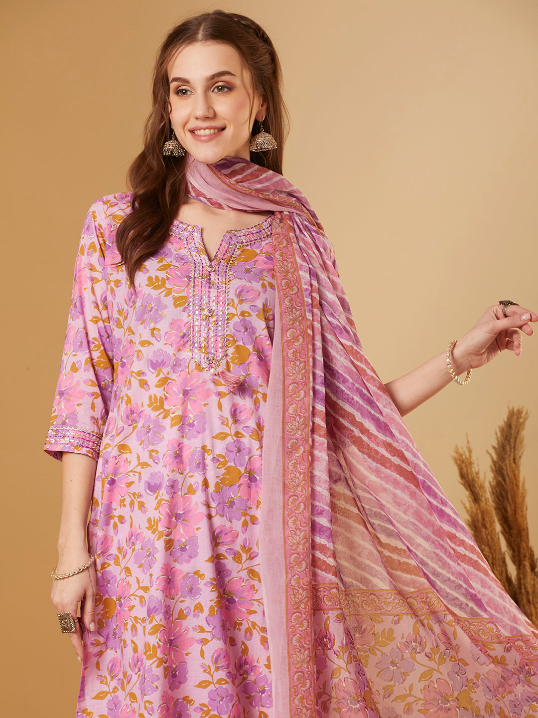 Floral Printed & Embroidered Straight Fit Kurta with Pant & Dupatta - Purple