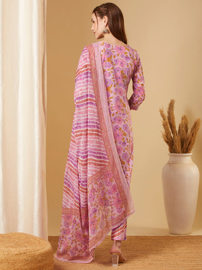 Floral Printed & Embroidered Straight Fit Kurta with Pant & Dupatta - Purple