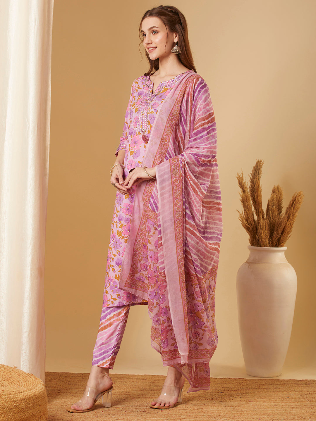 Floral Printed & Embroidered Straight Fit Kurta with Pant & Dupatta - Purple