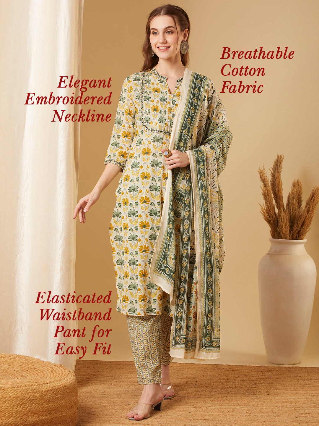 Floral Printed & Embroidered Straight Kurta with Pant & Dupatta - Green