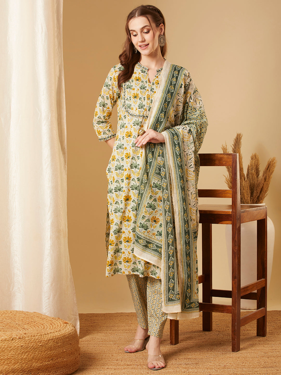 Floral Printed & Embroidered Straight Kurta with Pant & Dupatta - Green