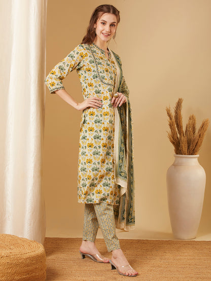 Floral Printed & Embroidered Straight Kurta with Pant & Dupatta - Green