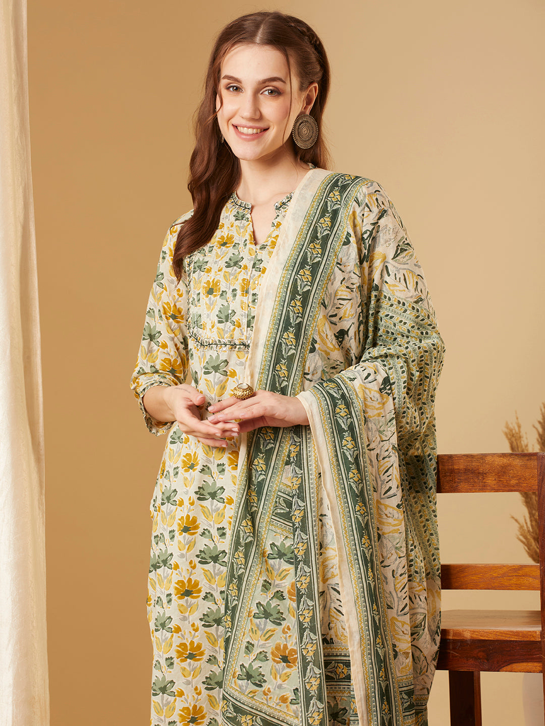 Floral Printed & Embroidered Straight Kurta with Pant & Dupatta - Green