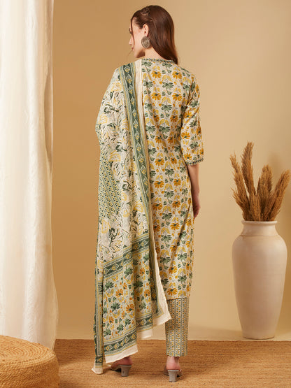 Floral Printed & Embroidered Straight Kurta with Pant & Dupatta - Green